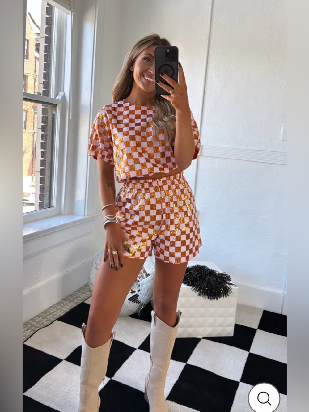 NWOT Orange Sequin Checkered Crop Top & Shorts Set S Perfect for Game Days